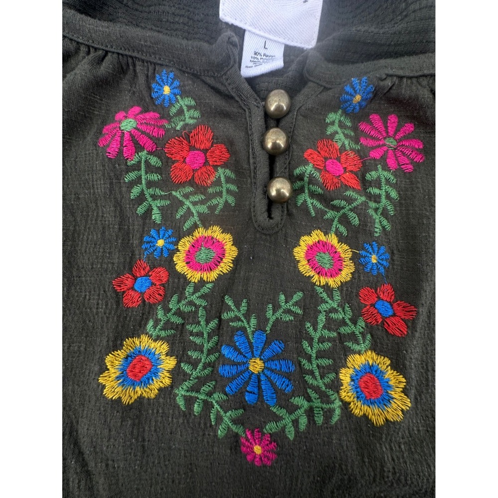 Womens Embroidered Floral Tie Front Top Green Boho Size L Festival Henley Style - Picture 8 of 11